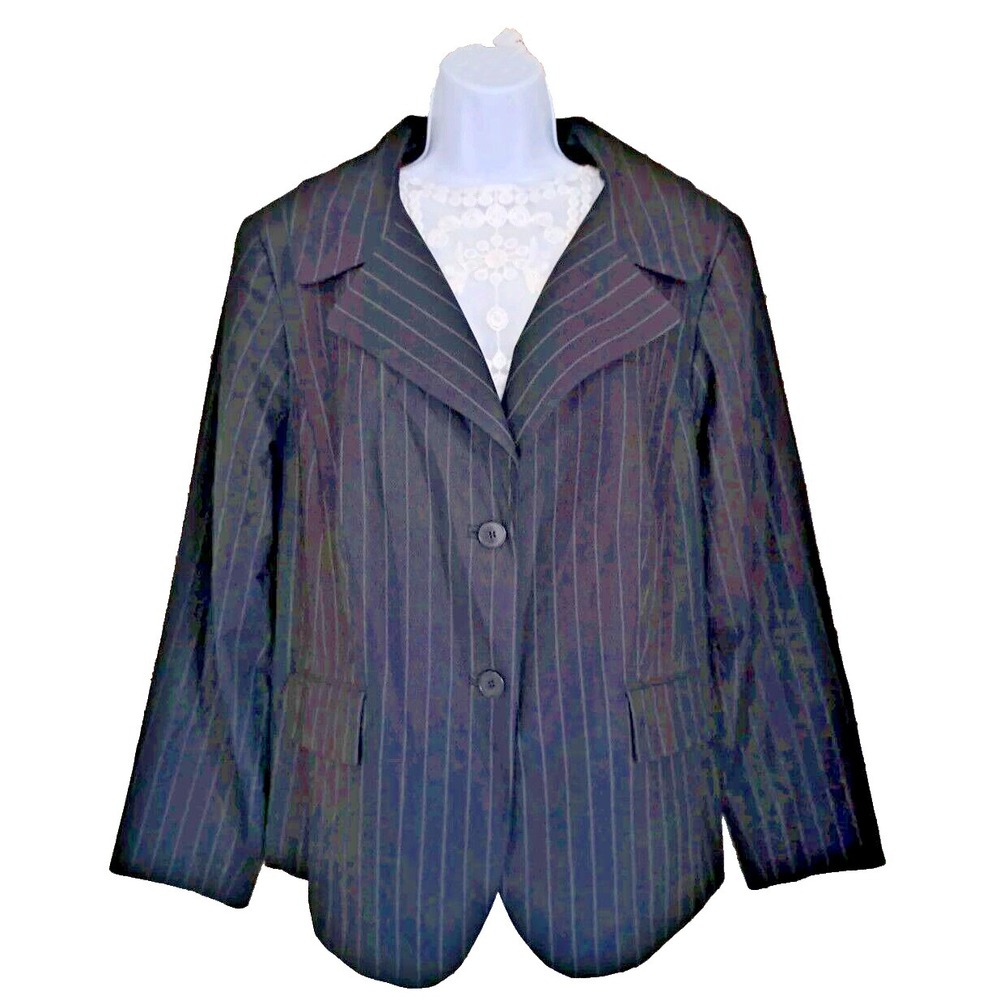 Kate Hill Blazer Women's 14 Black Pinstripe Red Lining 2 Button Single‎ Vent